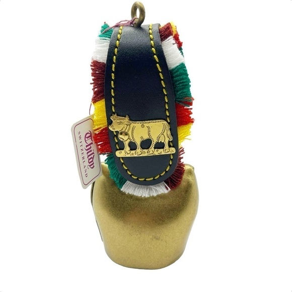 Vintage Glocken 5” Metal Cowbell Leather Strap Colorful Fringe Switzerland - Picture 1 of 7